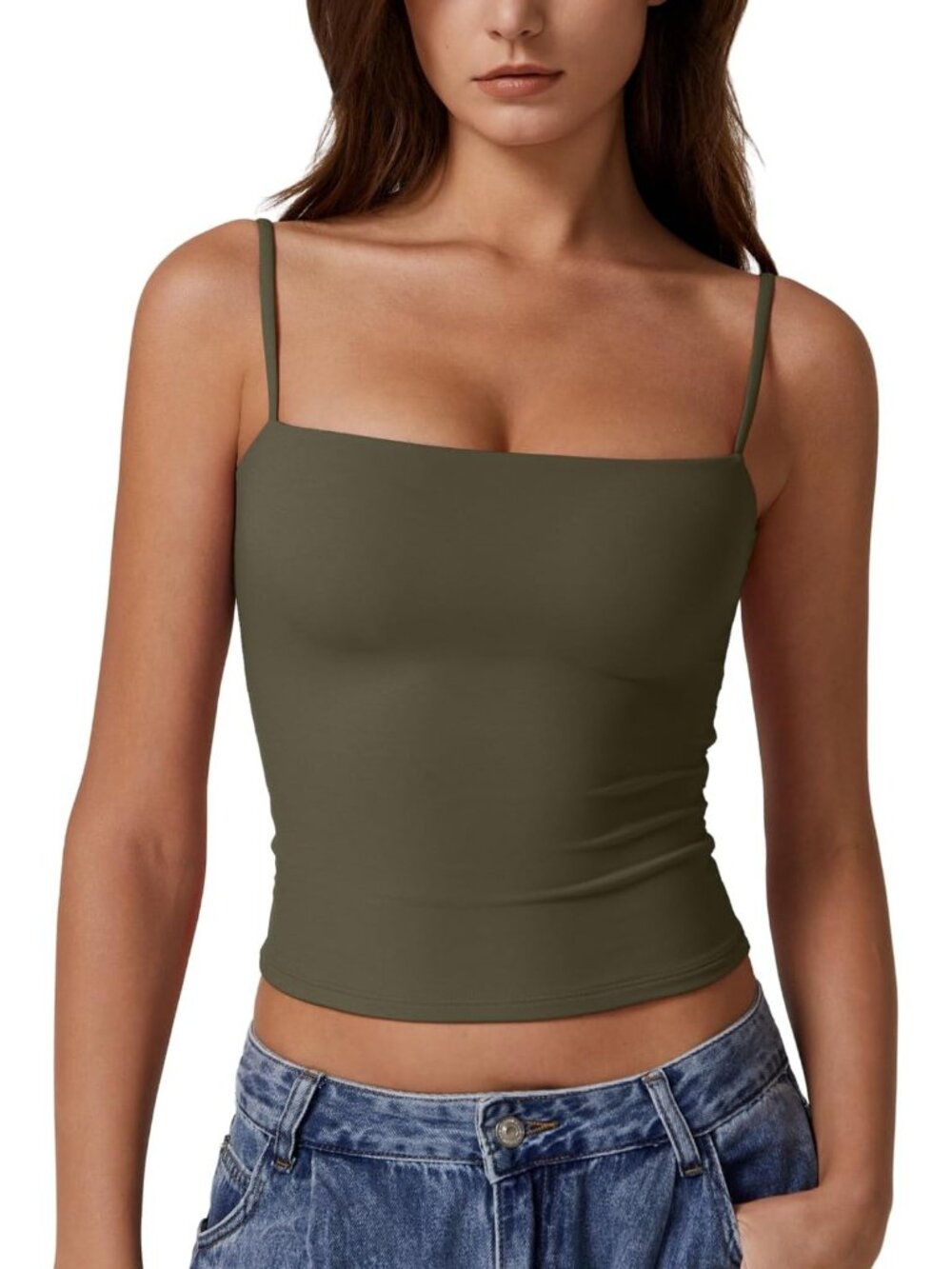Women's Olive Green Fitted Tank Tops Double Lined Spaghetti Strap Tops